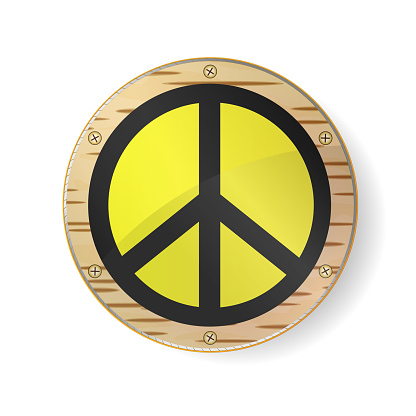 Sign pacifist, peace symbol. Black Hippie sign in gold frame, circle with birch bark and white background. Abstract glossy design with shadow effect for peaceful fans souvenirs,  illustrations.
