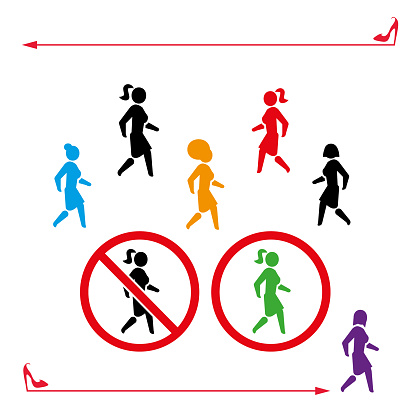 Woman icon walk and don t walk, set . People back-white or color symbol.  illustration Girl walks.