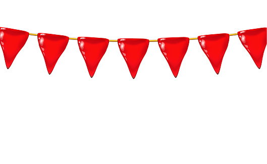 Garland 3d glossy little triangular red flags or pennants by a rope, holiday, realistic plastic toy for children set. Design shiny icon  illustration isolated on light. Childish colorful fun.