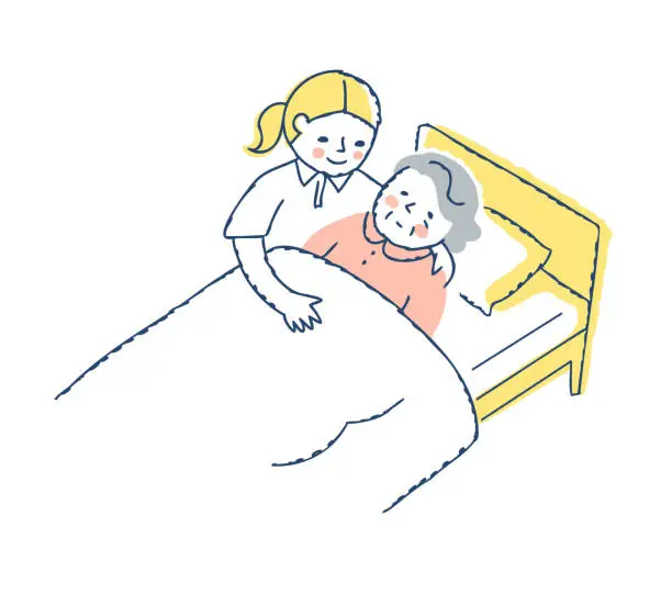 Vector illustration of Senior woman sleeping in bed and woman caring for her