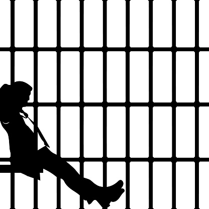 Silhouette prisoner in jail cell, modern with bars. Banner  illustration metal lattice. Detention centre cells metallic. Isolated way, freedom concept grid. Man in dishonest business. Eps 10.