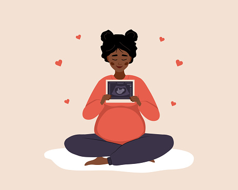 Ultrasound of baby. African pregnant woman in lotus position holding fetus silhouette photo. Embryo in womb. Baby health diagnostic. Sonography concept. Vector illustration in flat cartoon style.