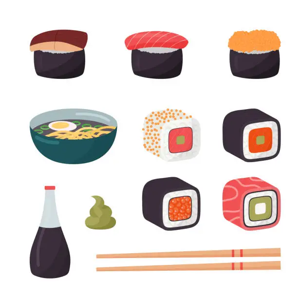 Vector illustration of sushi set and chopsticks