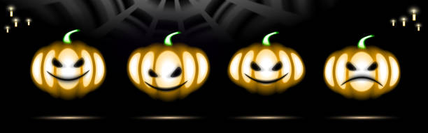 istock Halloween Holiday Set Glow Pumpkins neon icon. Led light design Thanksgiving day. Isolated signs for Banner covering on black background. Masks glow night signboard. Plant  Illustration. 2035269940