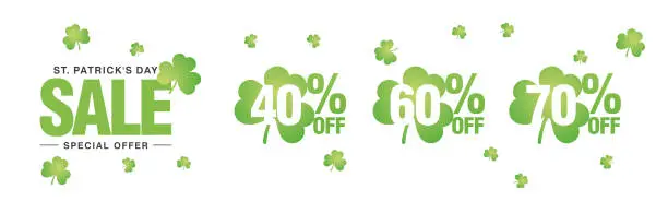 Vector illustration of Saint Patrick's Day Sale special offer 40 60 70 percent off green clover negative space discount numbers stickers white background