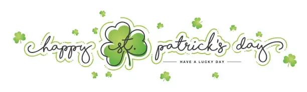 Vector illustration of Happy Saint Patrick's Day new 2024 handwritten typography lettering line design clover green clovers isolated white background banner