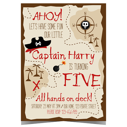 Children's birthday party invitation template. Little captain is inviting friends, boys and girls on a journey for the treasure hunt. Get ready to have some fun in a quest using the parchment map.