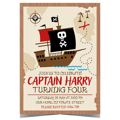 Children's birthday party invitation in pirate style with a ship and Jolly Roger flag on parchment map. A little captain celebrates his anniversary and invites the kids on a sea journey.