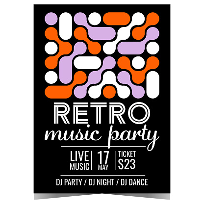 Retro music party design template. Vector poster or banner with abstract elements for invitation to a disco dance event at night club or old style musical show with celebrities and live DJ set.