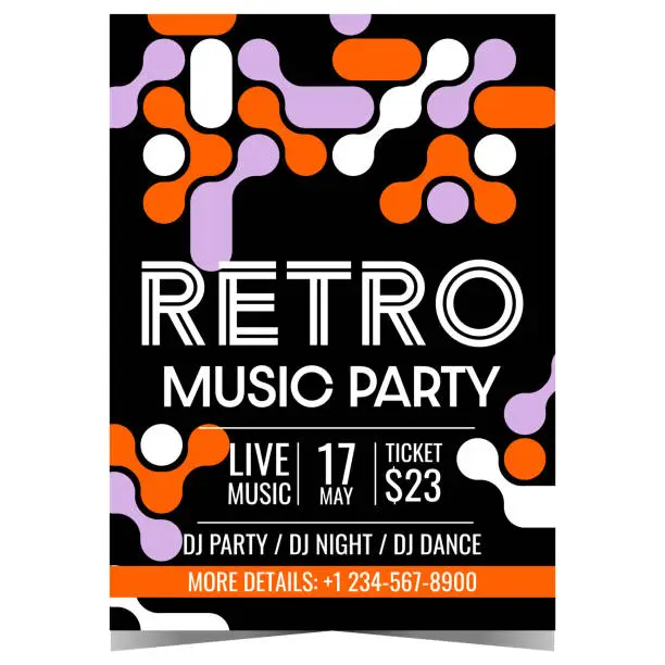 Vector illustration of Music party invitation in old retro style with abstract elements on a black background.