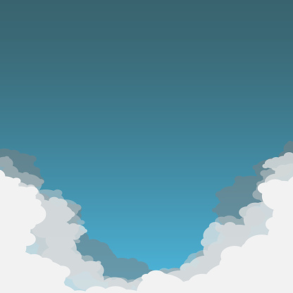 White cloud shape on blue sky background. Border of clouds. Simple flat style of different clouds. High environment. Vector