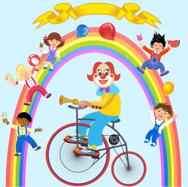 Vector illustration of Clowns and children