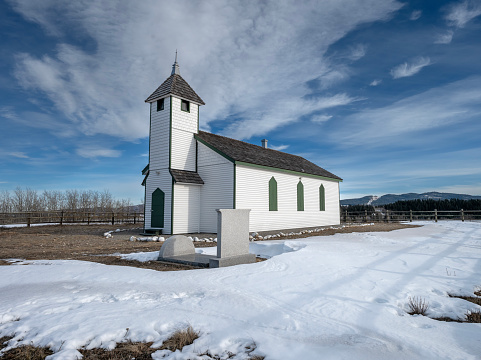 Historic wooden McDougall Memorial United Church on the Stoney Indian Reserve at Morley, Alberta, Canada