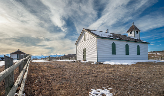 Historic wooden McDougall Memorial United Church on the Stoney Indian Reserve at Morley, Alberta, Canada