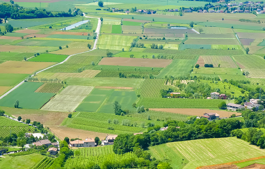 aerial view of cultivated fields in the plain with the fields divided into rectangles