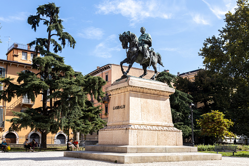 Verona, Veneto, Italy - Sep 28th, 2023: Giuseppe Garibaldi equestrian statue at Piazza Indipendenza (Independence Square)
