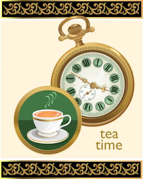 Vector illustration of Tea in antique porcelain cup and antique watch isolated on white background.