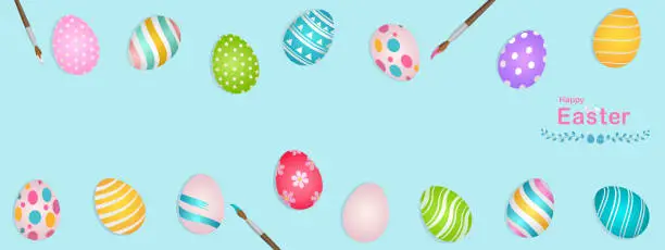 Vector illustration of Happy Easter banner vector illustration, top view of colorfully painted Easter eggs and paintbrush on blue background, painting egg with brush, sweet decorative holiday celebration.