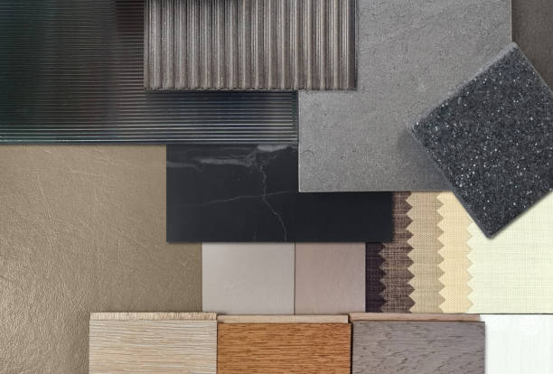 istock interior material samples for modern loft concept including corrugated glasses, grainy quartz, stone ceramic tiles, black marble, leather laminated, wooden flooring tiles, drapery in close up view. 2035352410