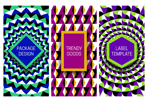 Set of packaging design with optical moving effect backgrounds. Visual eye-catching backdrop with frames for text.