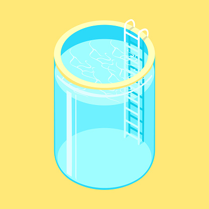 Swimming pool with clear water and waves in the form of transparent glass on a yellow background. Vector isometric illustration. Summer holidays by the pool. Colorful image of summer fun.