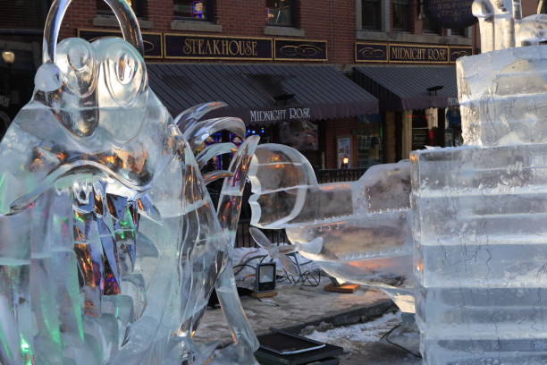 Spectators viewing the 2024 Cripple Creek Ice Festival on Bennet Avenue in Cripple Creek Colorado with Ice sculptures lining the street