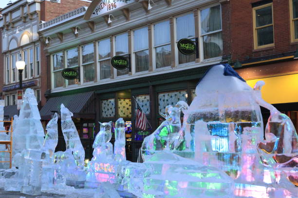 Spectators viewing the 2024 Cripple Creek Ice Festival on Bennet Avenue in Cripple Creek Colorado with Ice sculptures lining the street