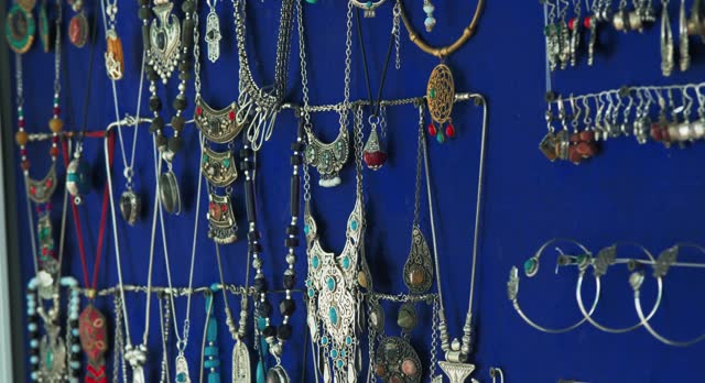 Oriental costume jewelry and handmade jewelry in a street shop.