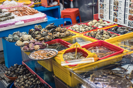 busan, south korea - november 1, 2023: fresh seafood at famous jagalchi fishmarket in the seconds largest city of south korea. busan has a huge harbor and the biggest fishmarket in south korea. busan will have the worldexpo 2030.