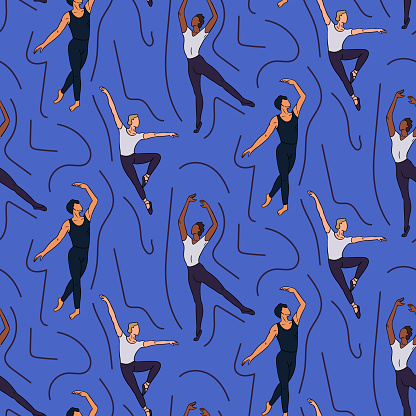 Seamless pattern with men dancing ballet on blue background. Artistic concept. Flat hand drawn male silhouettes. Trendy print design for textile, wallpaper, wrapping
