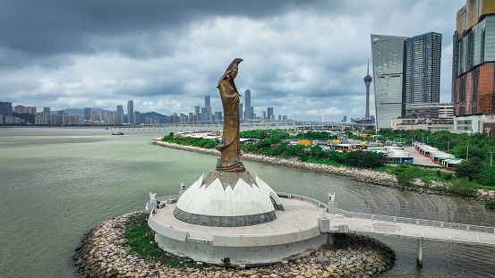 Macao, China - May 12, 2023: Aerial view of the Guan Yin statue in Macau