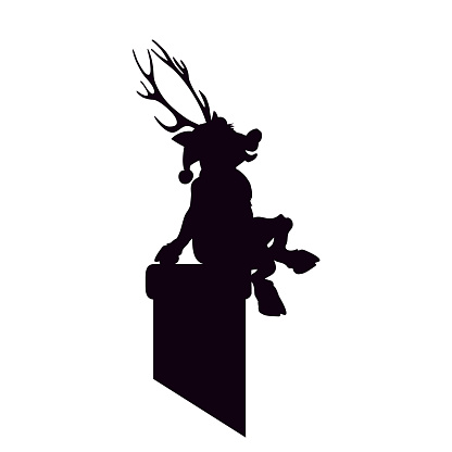 Reindeer Santa Claus is a black silhouette sitting on chimney. Artwork Happy Christmas. The roof  illustration Young fawn.