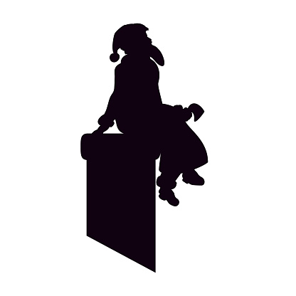 Santa Claus is a black silhouette sitting on chimney. Artwork Happy Christmas. The roof  illustration.