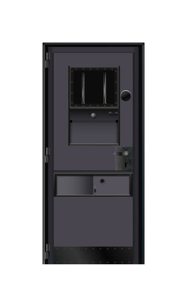 istock Modern Black trend penal colony door, prison. Behind bars In jail, shadow for any background.  noticeably better detailed, isolated illustration 2035396308