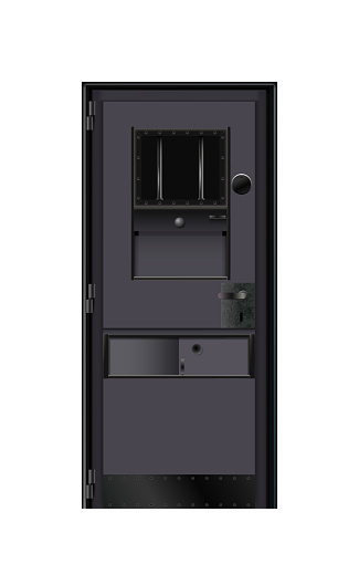 Modern black trend penal colony, door prison. Behind bars In jail, shadow for any background.  noticeably better detailed, isolated illustration. .