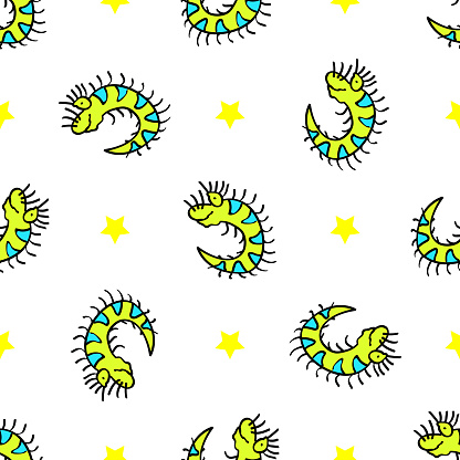 Seamless pattern funny little dragon, worm, caterpillar.  illustration squirm, cartoon