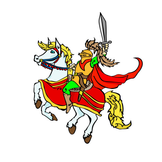 istock Jolly knight with a sword on a prancing horse. Sitting cartoon character in a red flowing cloak.  illustration.. 2035396864