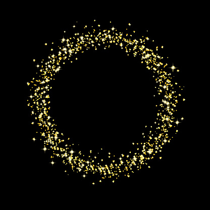 Shiny circle sprinkled with crumbs gold texture. Golden round frame, sparkles. Glitter ring dust isolated on black. Jewelry confetti, sparkling ring magic. Sand jewel particles.  Eps 10.