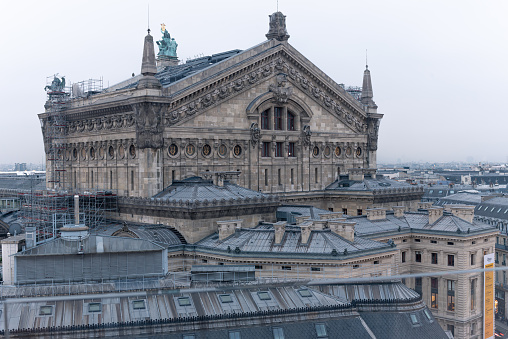 The Paris Opera on a cloudy day from the top of the terrace of the Galeries Lafayette.