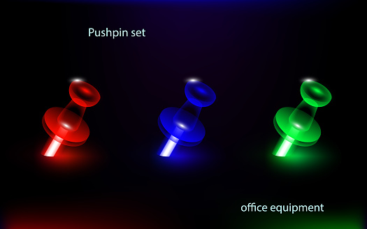 Office set pushpin, thumbtack red, blue and green. Design place pointer transparent object in dark, black background. Business  illustration. Isolated close up. Eps 10 for decor or presentation.