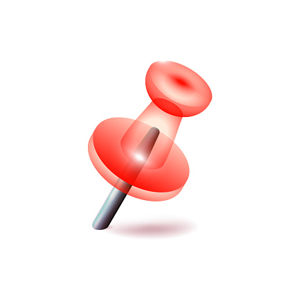Transparent red pushpin on white background, office object. Reddish thumbtack. Business  illustration. Isolated close up. Eps 10.