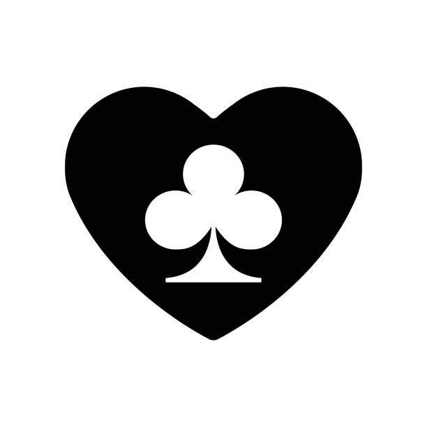 블랙 하트, 카드 놀이 아이콘에 대 한 클럽의 한 벌. 발렌타인 데이 기호, 플랫 스타일 디자인, 로고에 대한 사랑의 상징. 프레임 아드레날린 중독, 선명한, 일러스트 레이 션 - cards heart suit heart shape poker stock illustrations