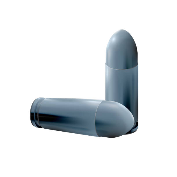 istock Two 3d metal or silver pistol cartridges in blue tones with bullet isolated. Realistic on light background, for firing, shot  illustration 2035424693