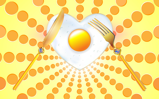 Yellow, orange abstract sun burst background with gold tablewares. Fried egg in heart to Valentines day. Design circles light food for menu ads, web, ad, banner.  illustration rays sunlight.