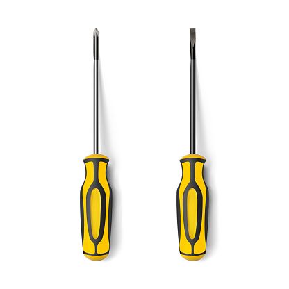 Set from professional realistic screwdrivers with a plastic yellow handle. Hand metal tools isolated on white background.  illustration. Cruciform, slotted for repair and construction. .