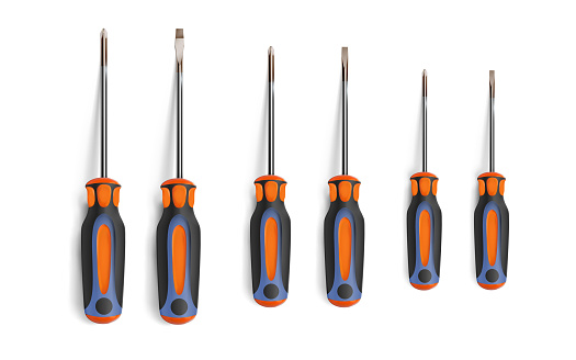 Set flathead screwdriver and phillips screwdriver different sizes. Professional realistic tool with orange black grip, isolated on white. Cruciform, slotted. Has a shadow.  illustration .