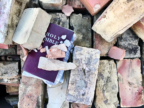 Ragged English Bible forgotten amidst bricks on the side of the road.