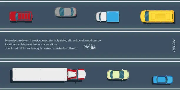 Vector illustration of City transport top view .Cars, buses, trucks on the road .Highway vector illustration.