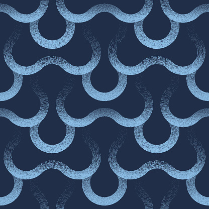 Smooth Curved Blue Lines Seamless Pattern Trend Vector Unique Abstract Background. Half Tone Art Illustration for Modern Fashionable Textile. Repetitive Graphic Abstraction Wallpaper Dot Work Texture