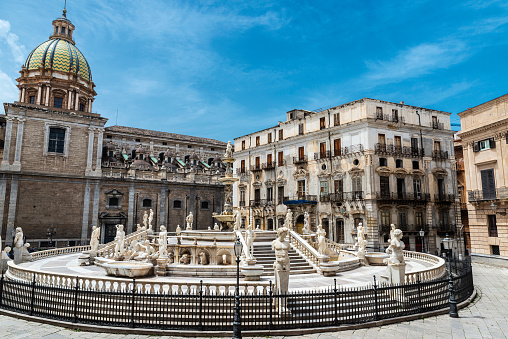 The Praetorian Fountain or Fontana Pretoria, is a monumental fountain that represents the Twelve Olympians in the old town of Palermo, Sicily, Italy